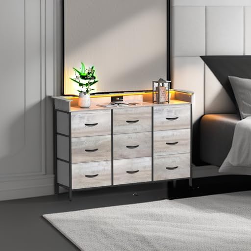 EXOTICA White Dresser with LED Light for Bedroom 9 Drawer Dressers with Charging Station Chests of Drawers for Entryway Closet Living Room Hallway Sturdy Steel Frame Wooden Top Easy Pull Handle