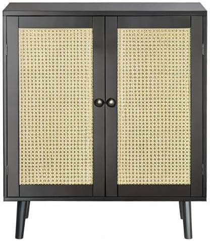 Huuger Buffet Cabinet with Storage, Storage Cabinet with PE Rattan Decor Doors, Accent Sideboard Buffet with Solid Wood Feet, for Hallway, Entry, Living Room, Natural