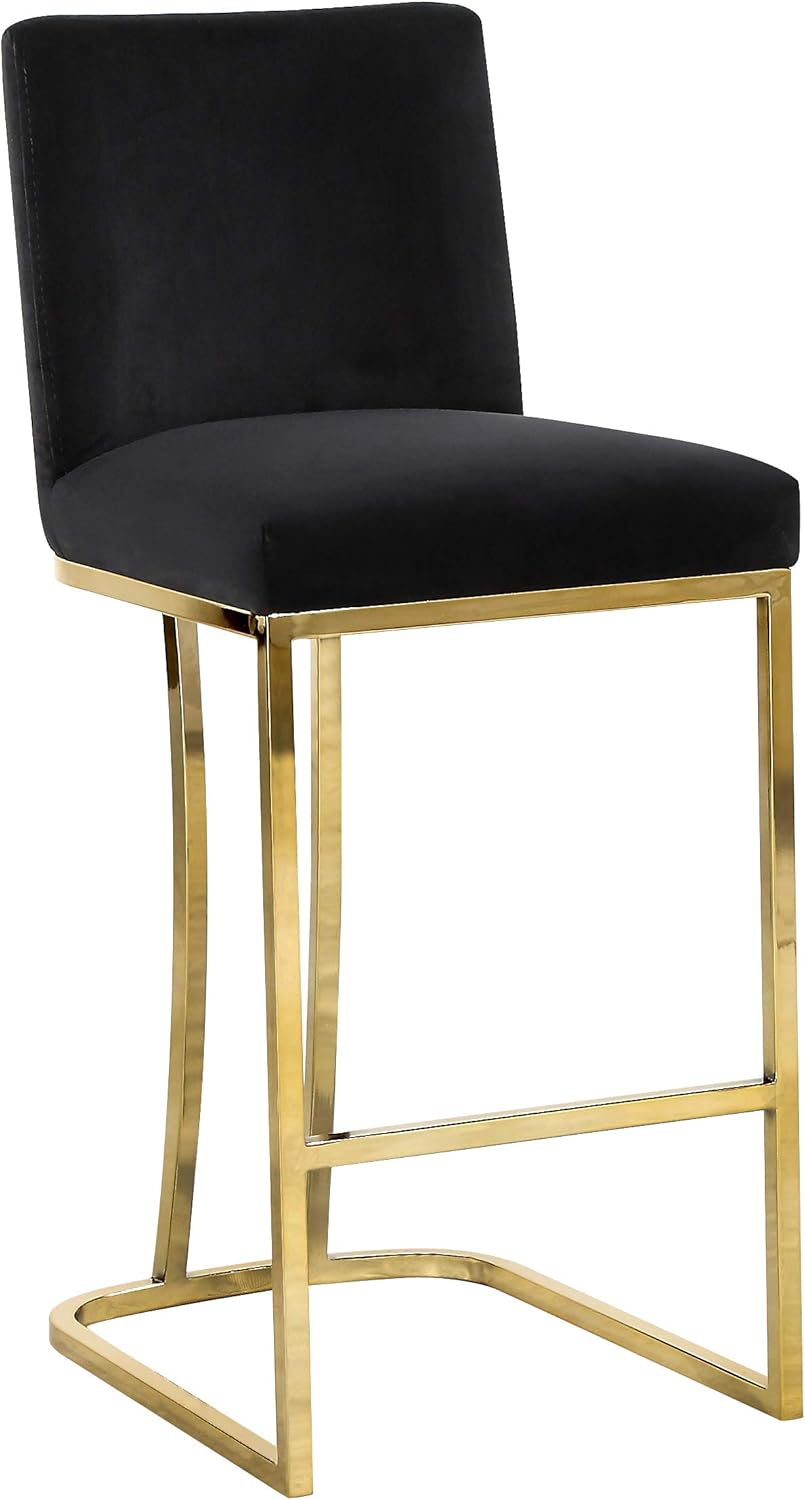 Meridian Furniture Heidi Collection Modern | Contemporary Velvet Upholstered Counter Stool with Polished Gold Metal Legs, 16" W x 19.5" D x 36.5" H, Black
