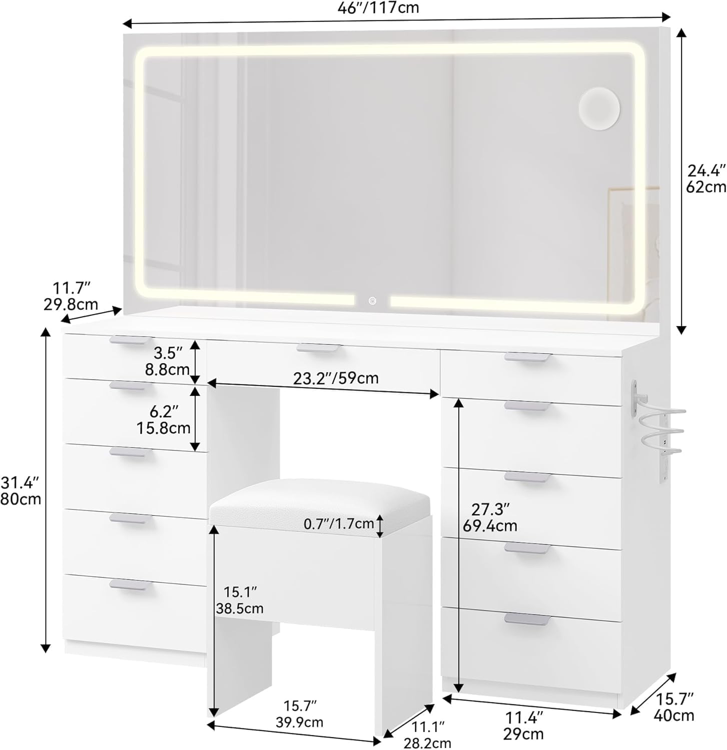 YITAHOME 46" Vanity Table with LED Lighted Mirror, Makeup Desk with 11 Drawers, Cushioned Storage Stool, Vanity Set with Power Outlet & Magnifying Mirror, White