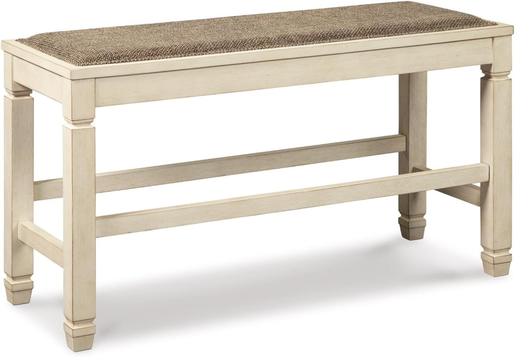 Signature Design by Ashley Bolanburg Casual French Country Upholstered Dining Room Bench with Nailhead Trim, Heavy Woven Fabric, Wood, Antique White & Tan