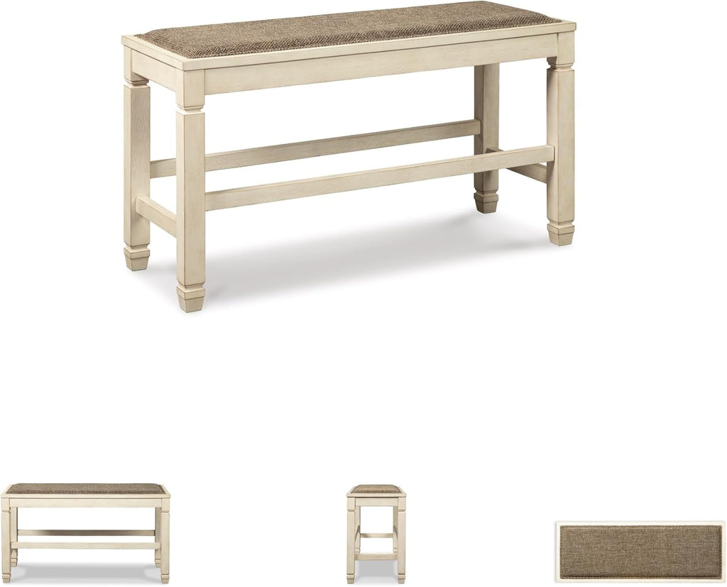 Signature Design by Ashley Bolanburg Casual French Country Upholstered Dining Room Bench with Nailhead Trim, Heavy Woven Fabric, Wood, Antique White & Tan