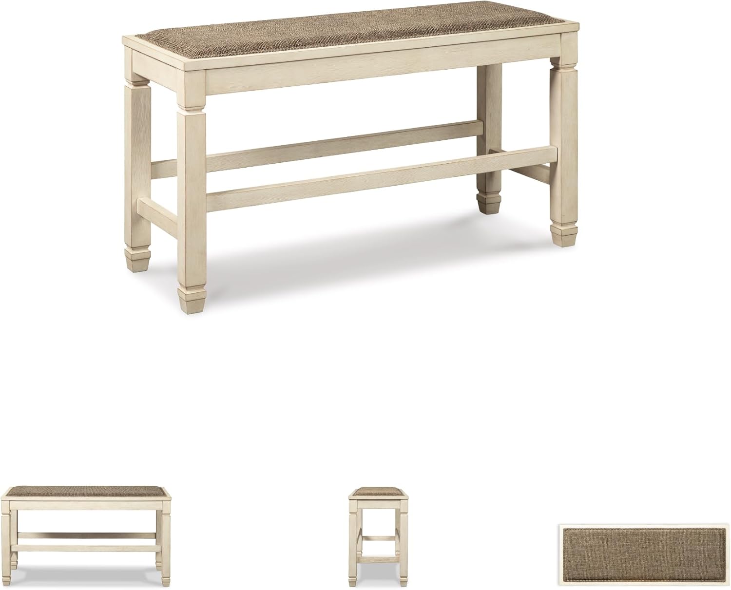 Signature Design by Ashley Bolanburg Casual French Country Upholstered Dining Room Bench with Nailhead Trim, Heavy Woven Fabric, Wood, Antique White & Tan