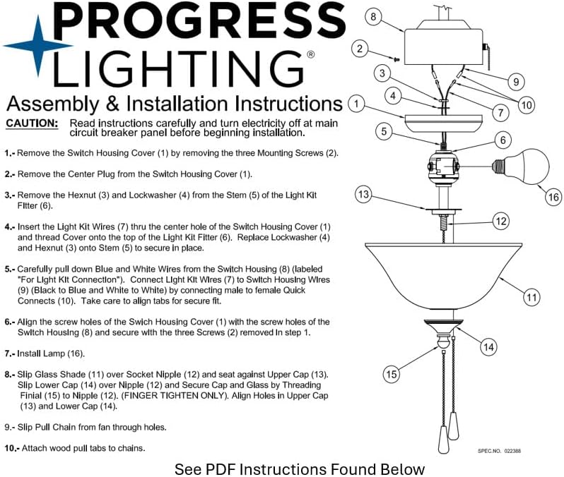 Progress Lighting 2-Light Ceiling Fan Light Kit for AirPro Collection Ceiling Fans, Classic Tranisitonal Style with Alabaster Style Glass Bowl, Includes 2 LED Light Bulbs and Finials in 5 Colors