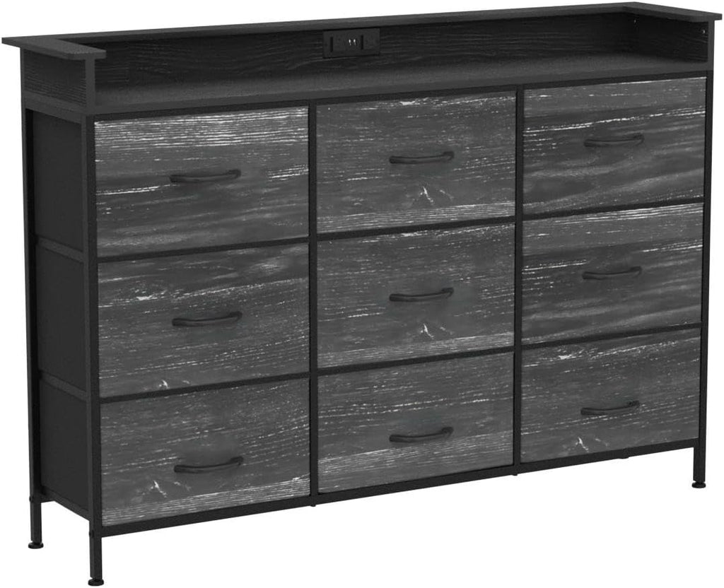 EXOTICA White Dresser with LED Light for Bedroom 9 Drawer Dressers with Charging Station Chests of Drawers for Entryway Closet Living Room Hallway Sturdy Steel Frame Wooden Top Easy Pull Handle