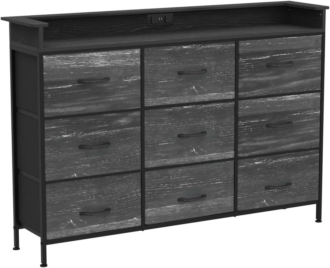 EXOTICA White Dresser with LED Light for Bedroom 9 Drawer Dressers with Charging Station Chests of Drawers for Entryway Closet Living Room Hallway Sturdy Steel Frame Wooden Top Easy Pull Handle