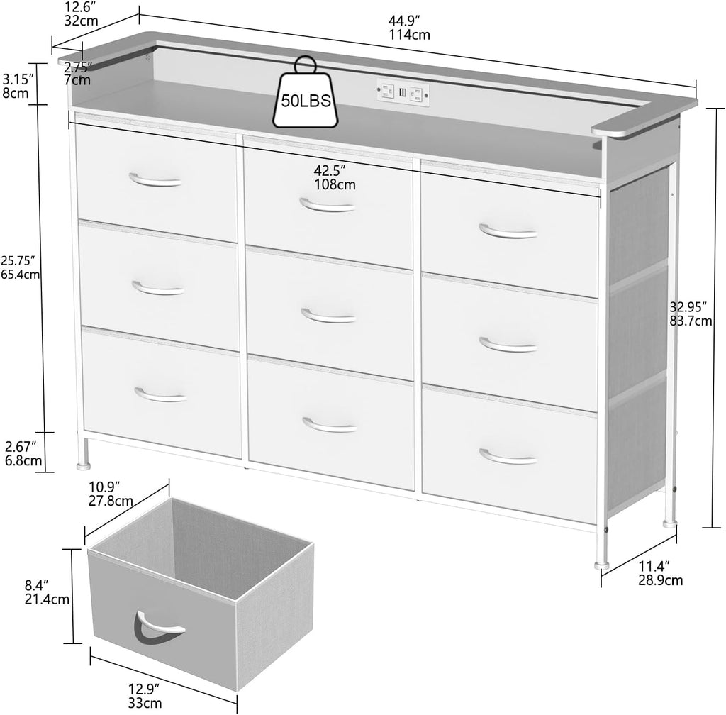 EXOTICA White Dresser with LED Light for Bedroom 9 Drawer Dressers with Charging Station Chests of Drawers for Entryway Closet Living Room Hallway Sturdy Steel Frame Wooden Top Easy Pull Handle