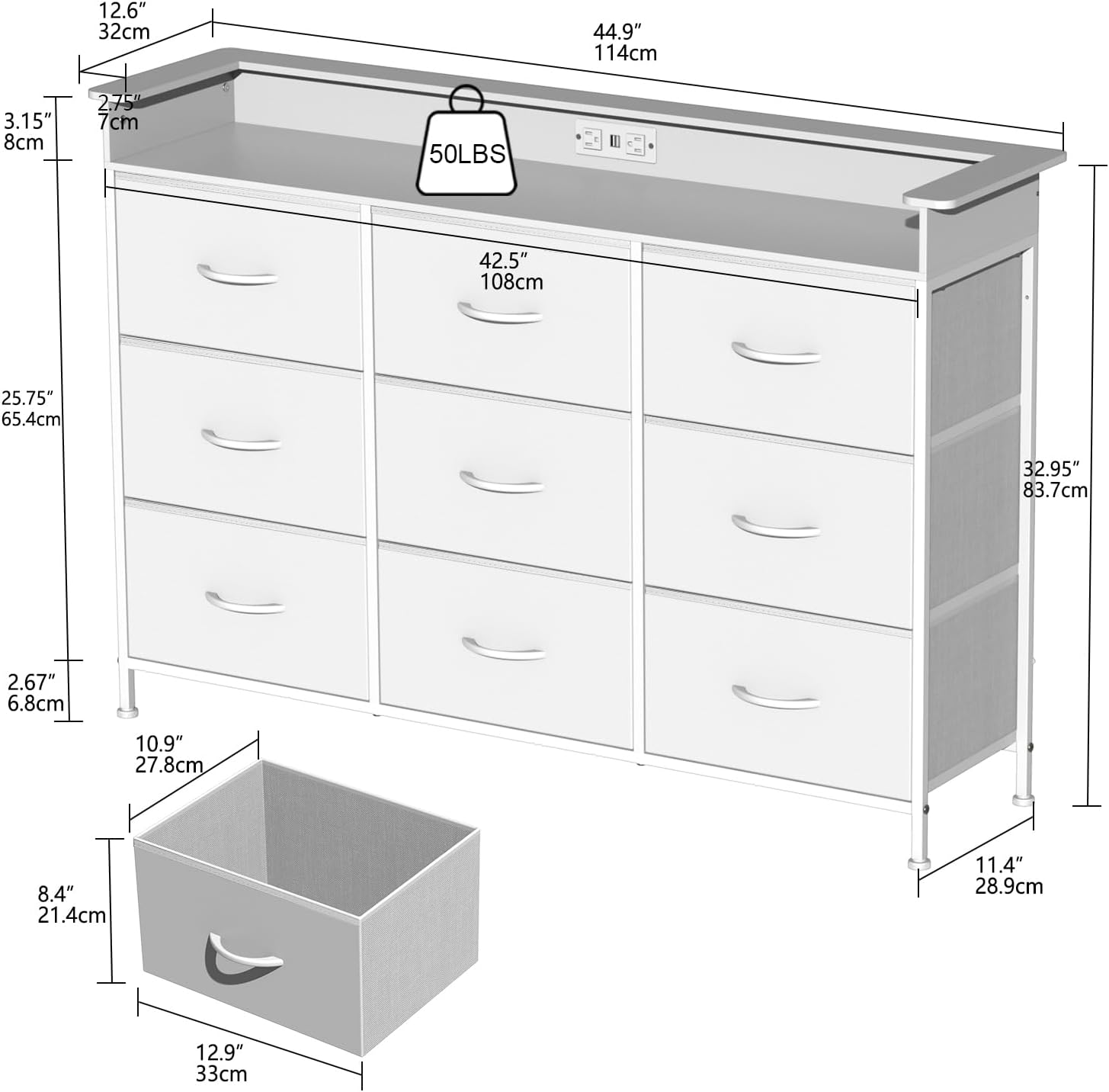 EXOTICA White Dresser with LED Light for Bedroom 9 Drawer Dressers with Charging Station Chests of Drawers for Entryway Closet Living Room Hallway Sturdy Steel Frame Wooden Top Easy Pull Handle