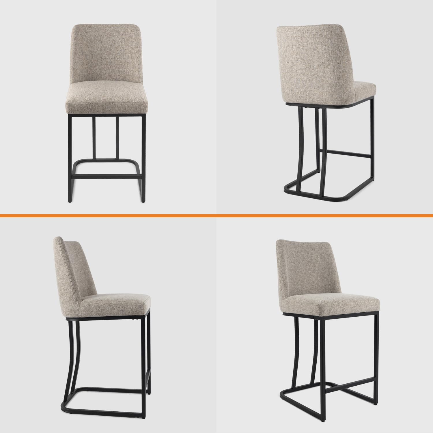 Counter Height Bar Stools Set of 2, 24 Inch Seat Height Bar Chairs for Kitchen Island, Fabric Upholstered Barstools with Metal Feet for Dining Room, Sand Color