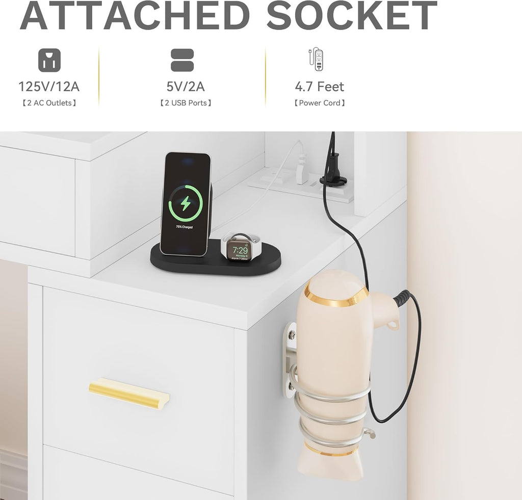 DWVO Makeup Vanity Set with Mirror & 3-Mode Lights, Vanity Desk with Storage Stool, Power Outlet, Shelves, Drawers & Hair Tool Holder, Dressing Table for Apartment Dorm Guest Room, White