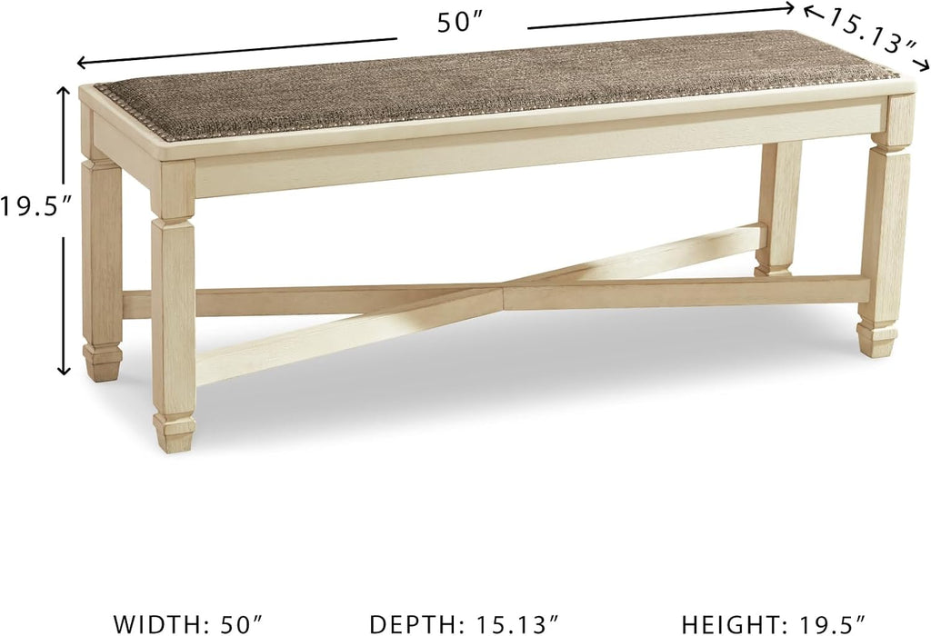 Signature Design by Ashley Bolanburg Casual French Country Upholstered Dining Room Bench with Nailhead Trim, Heavy Woven Fabric, Wood, Antique White & Tan