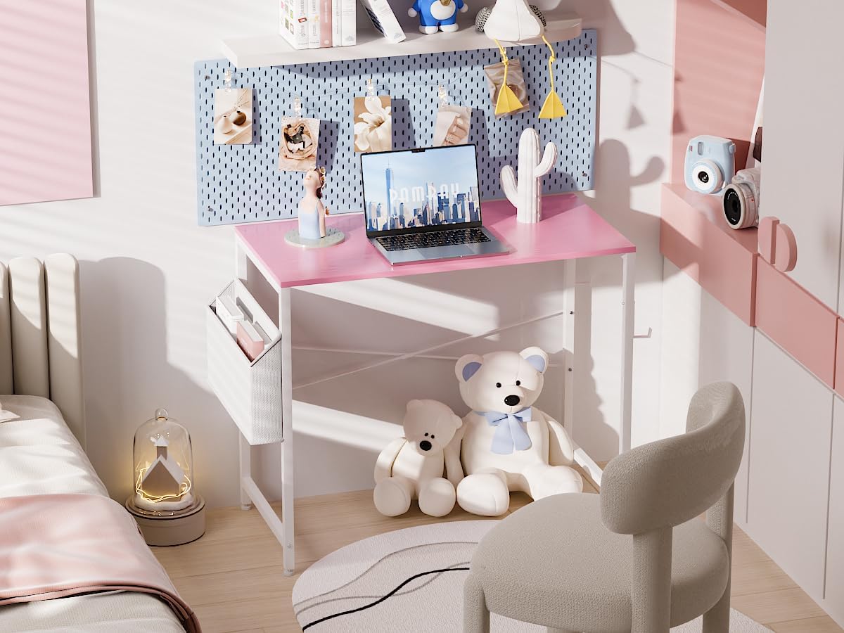 Pamray 32 Inch Computer Desk for Small Spaces with Storage Bag, Home Office Work Desk with Headphone Hook, Small Office Desk Study Writing Table