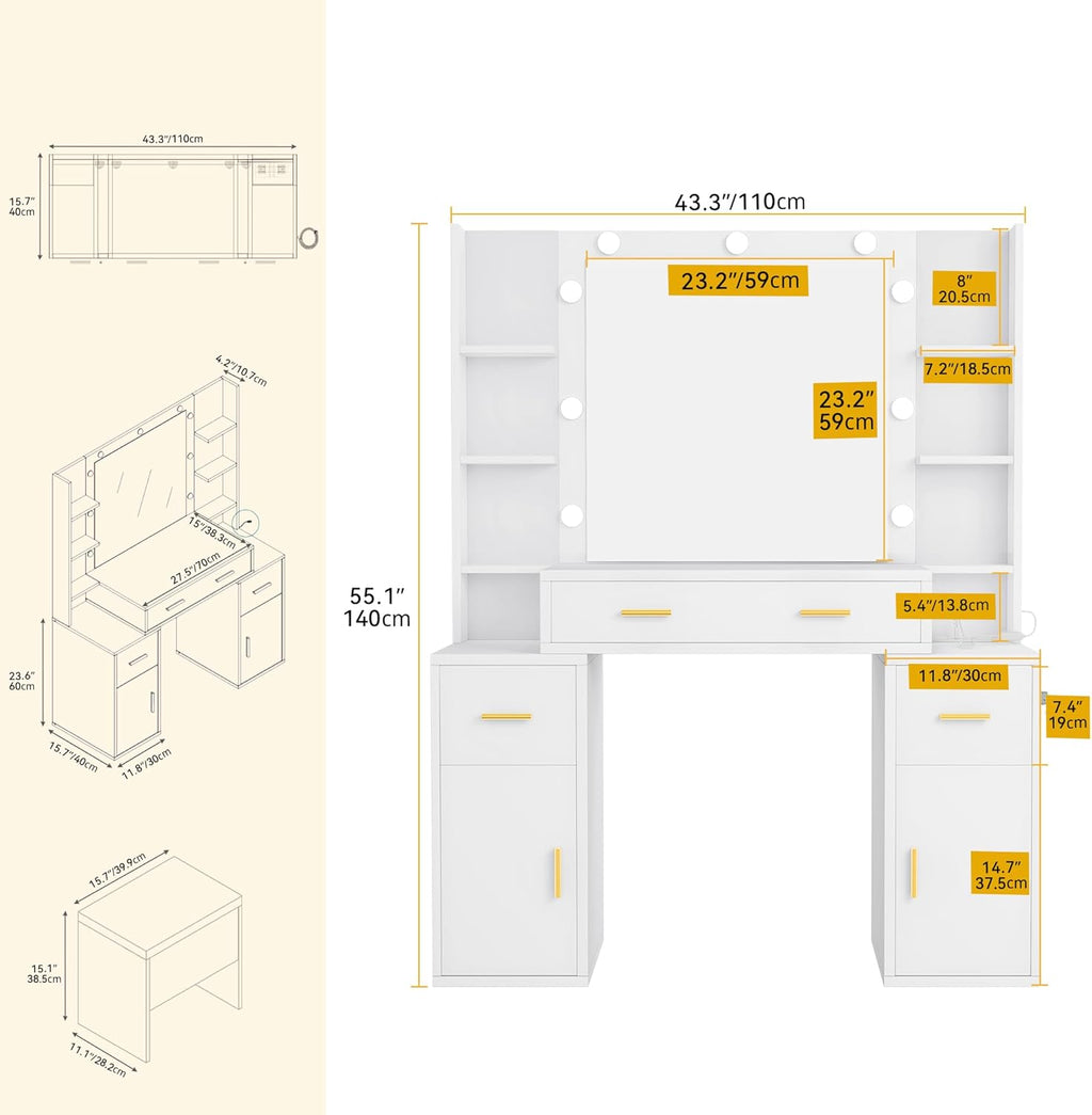 DWVO Makeup Vanity Set with Mirror & 3-Mode Lights, Vanity Desk with Storage Stool, Power Outlet, Shelves, Drawers & Hair Tool Holder, Dressing Table for Apartment Dorm Guest Room, White