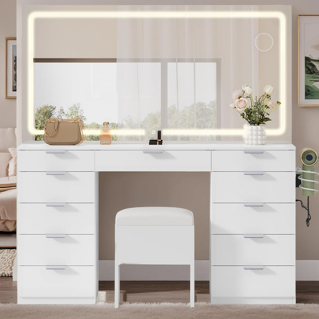 YITAHOME 46" Vanity Table with LED Lighted Mirror, Makeup Desk with 11 Drawers, Cushioned Storage Stool, Vanity Set with Power Outlet & Magnifying Mirror, White