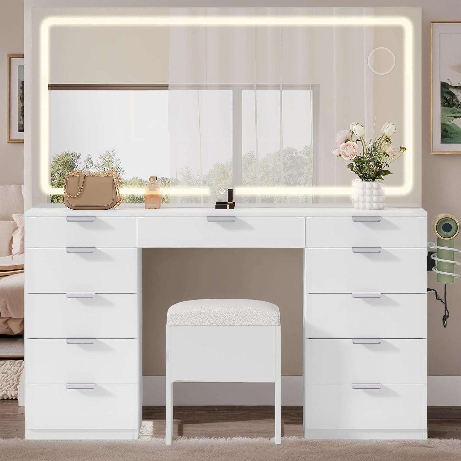 YITAHOME 46" Vanity Table with LED Lighted Mirror, Makeup Desk with 11 Drawers, Cushioned Storage Stool, Vanity Set with Power Outlet & Magnifying Mirror, White
