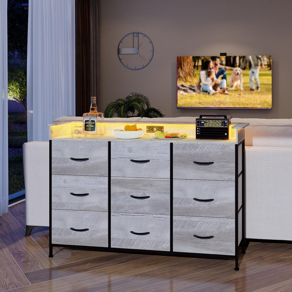 EXOTICA White Dresser with LED Light for Bedroom 9 Drawer Dressers with Charging Station Chests of Drawers for Entryway Closet Living Room Hallway Sturdy Steel Frame Wooden Top Easy Pull Handle
