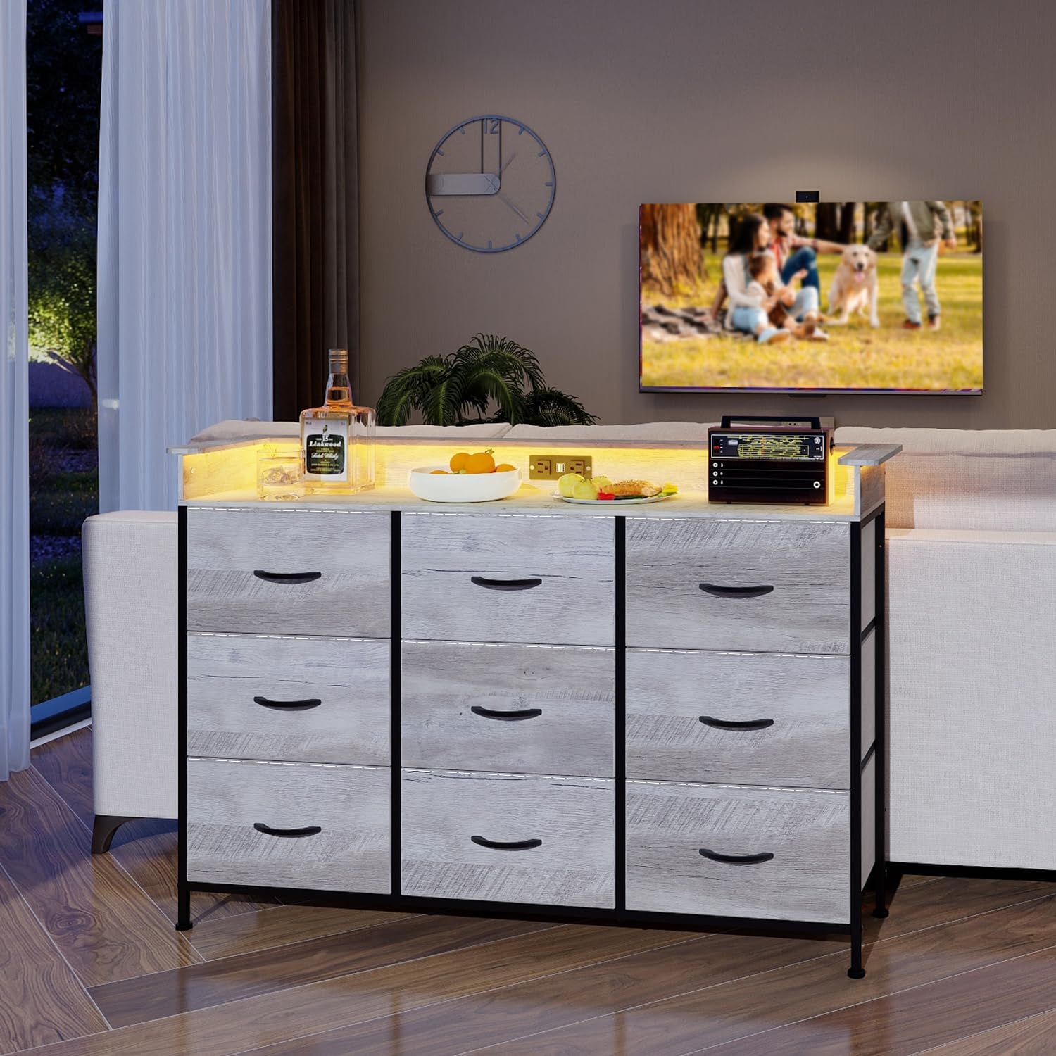 EXOTICA White Dresser with LED Light for Bedroom 9 Drawer Dressers with Charging Station Chests of Drawers for Entryway Closet Living Room Hallway Sturdy Steel Frame Wooden Top Easy Pull Handle