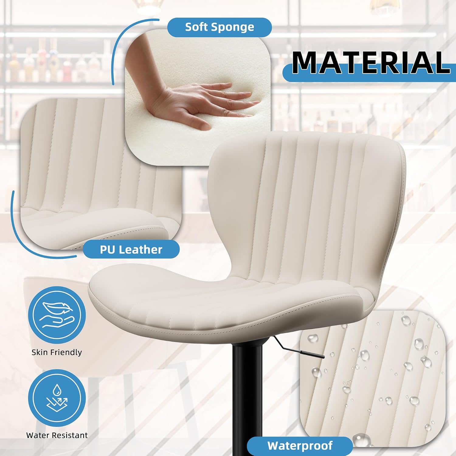 Shintenchi Bar Stools Set of 4 Modern Swivel Bar Chairs, Counter Height Faux Leather Metal Barstools, Upholstered Island Chairs with Back and Footrest, Coffee