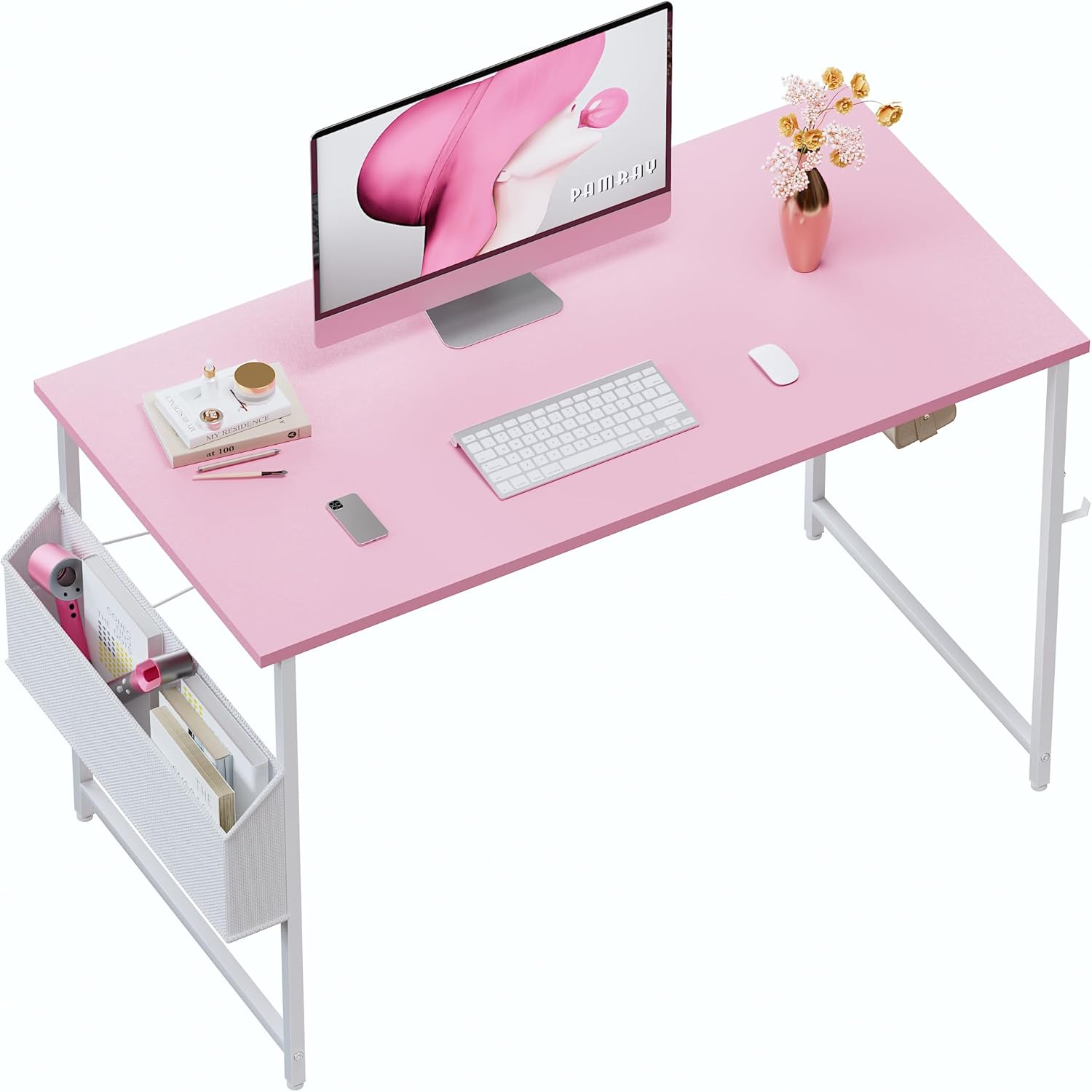 Pamray 32 Inch Computer Desk for Small Spaces with Storage Bag, Home Office Work Desk with Headphone Hook, Small Office Desk Study Writing Table