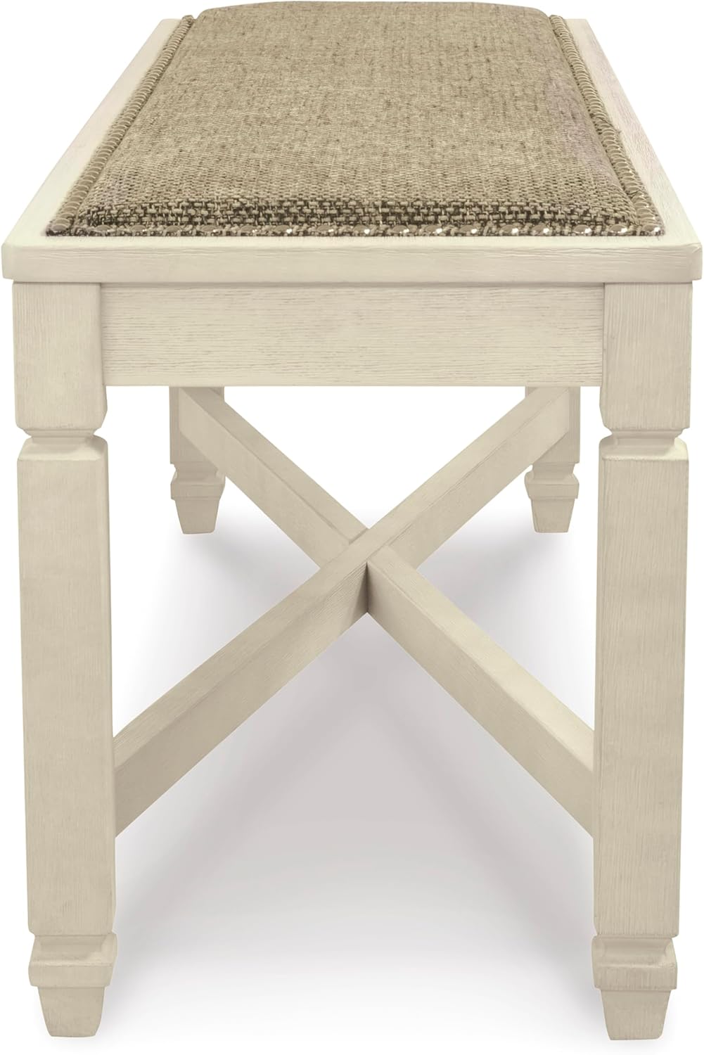 Signature Design by Ashley Bolanburg Casual French Country Upholstered Dining Room Bench with Nailhead Trim, Heavy Woven Fabric, Wood, Antique White & Tan