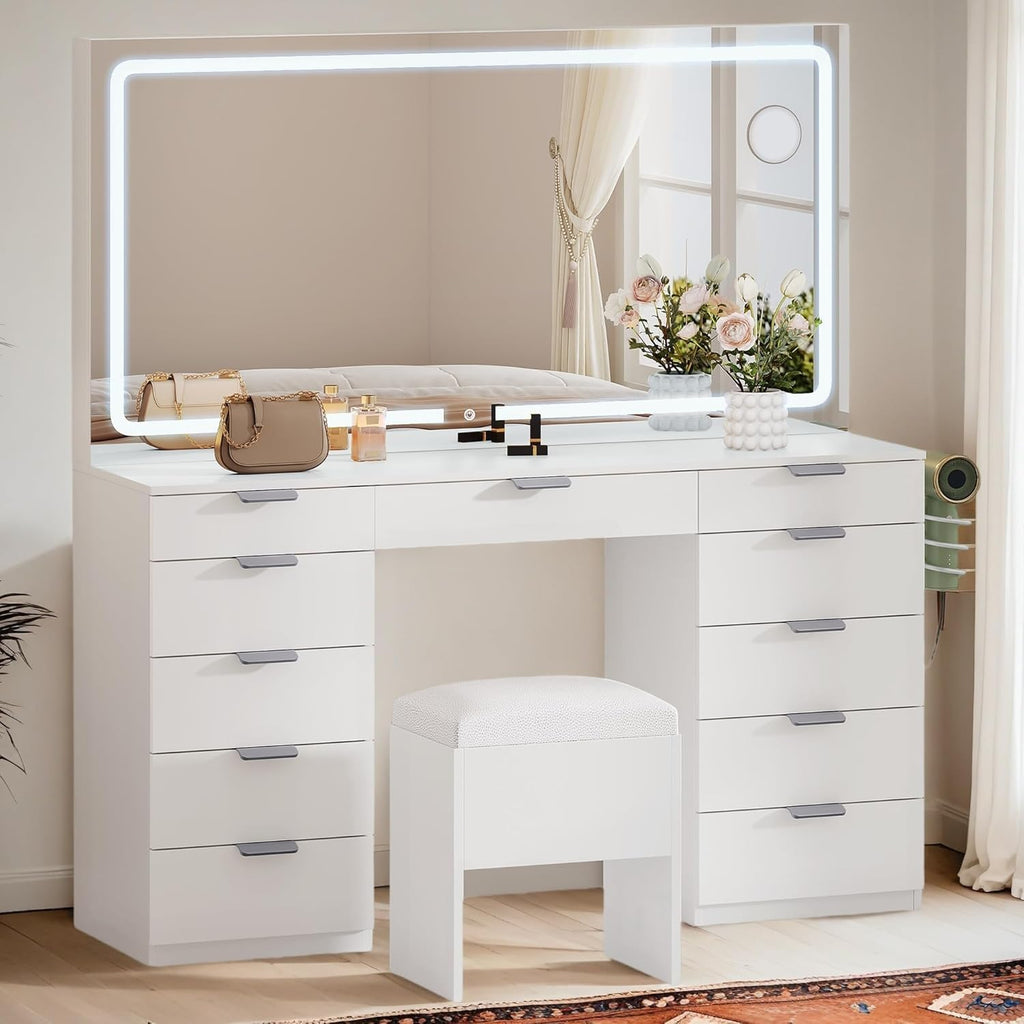 YITAHOME 46" Vanity Table with LED Lighted Mirror, Makeup Desk with 11 Drawers, Cushioned Storage Stool, Vanity Set with Power Outlet & Magnifying Mirror, White
