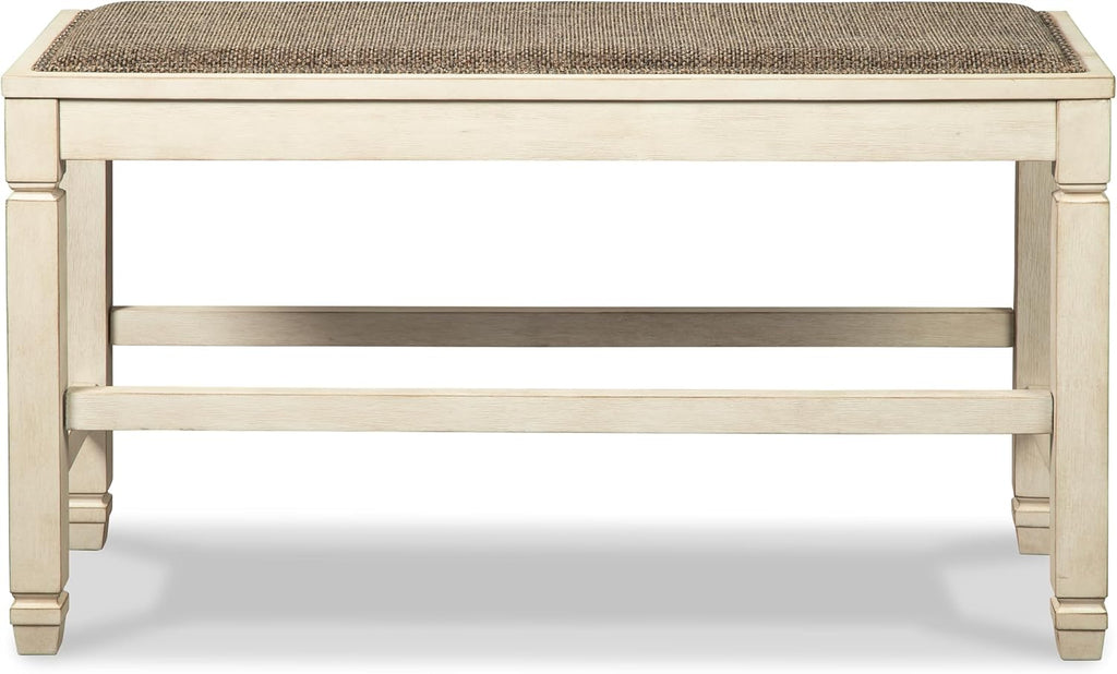 Signature Design by Ashley Bolanburg Casual French Country Upholstered Dining Room Bench with Nailhead Trim, Heavy Woven Fabric, Wood, Antique White & Tan