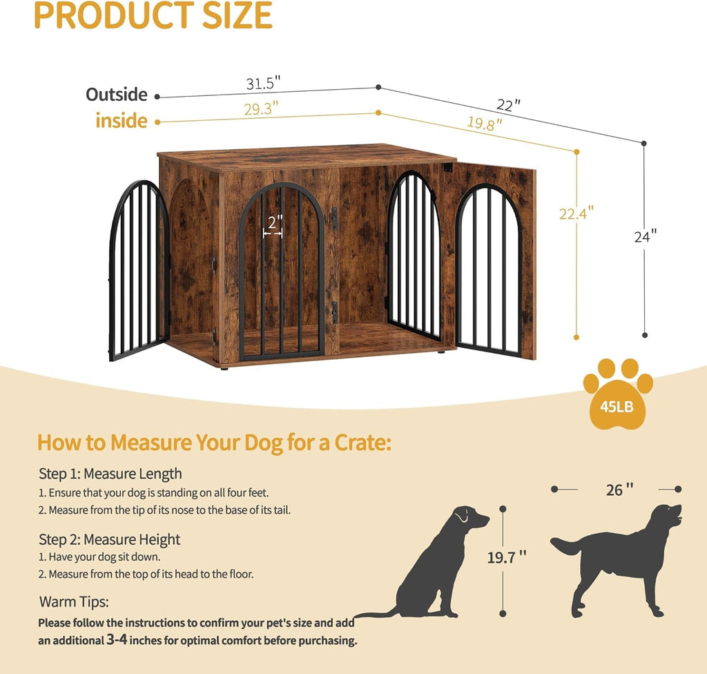 31.5'' Wooden Dog Crate Furniture, Indoor Dog Kennel Dogs Cage for Small/Medium Dogs, Heavy Duty Dog Crates Decorative Pet House End Side Table TV Stand, Rustic Brown DFC85101B