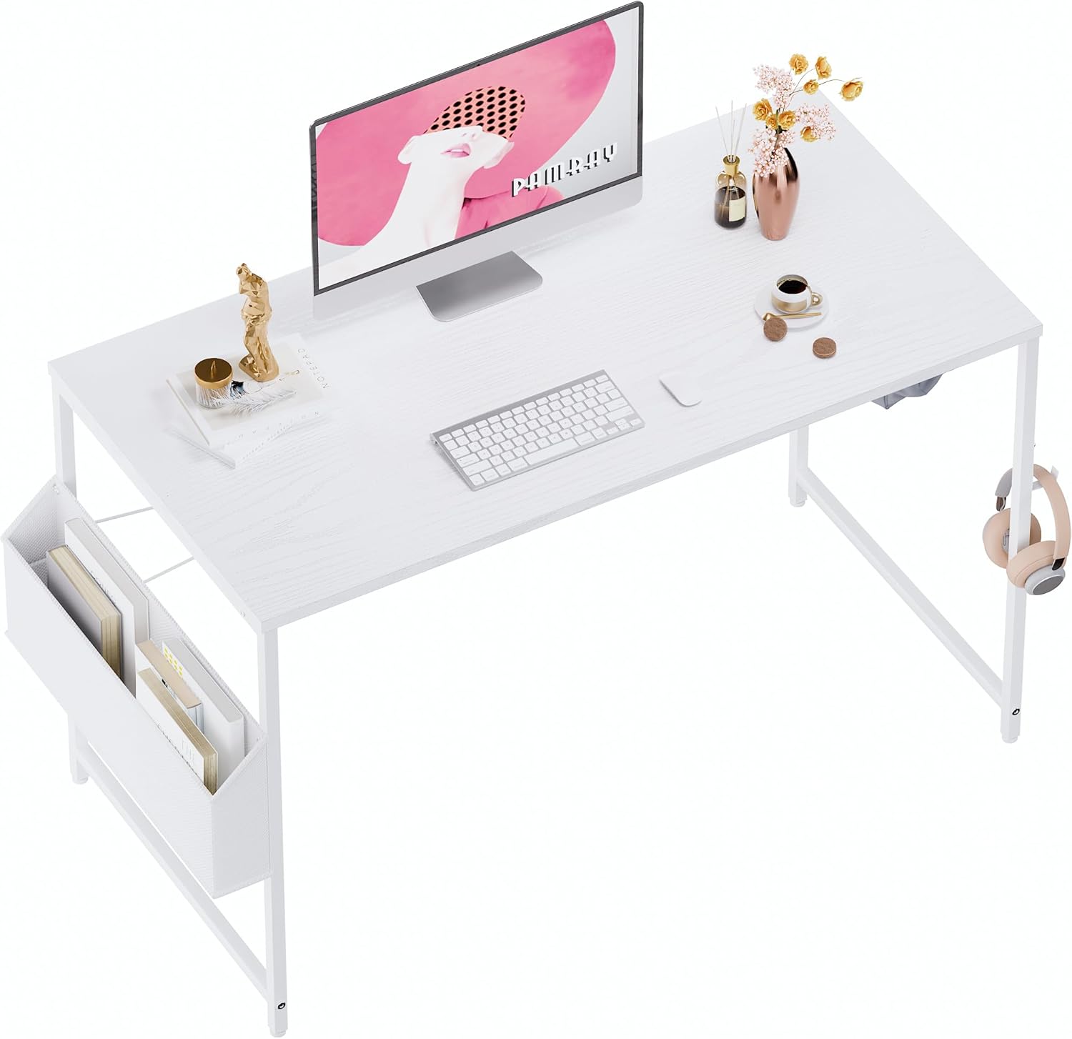 Pamray 32 Inch Computer Desk for Small Spaces with Storage Bag, Home Office Work Desk with Headphone Hook, Small Office Desk Study Writing Table