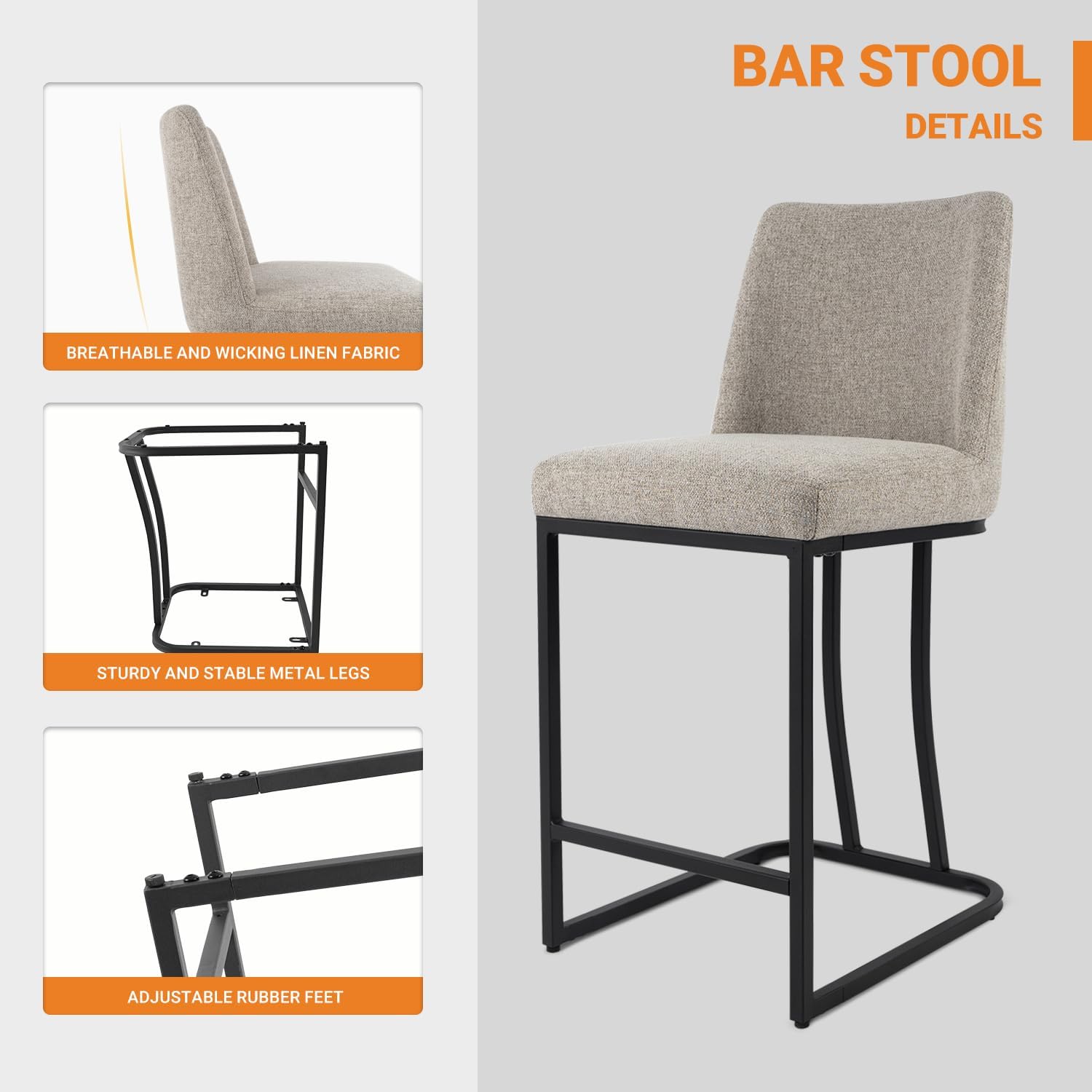 Counter Height Bar Stools Set of 2, 24 Inch Seat Height Bar Chairs for Kitchen Island, Fabric Upholstered Barstools with Metal Feet for Dining Room, Sand Color