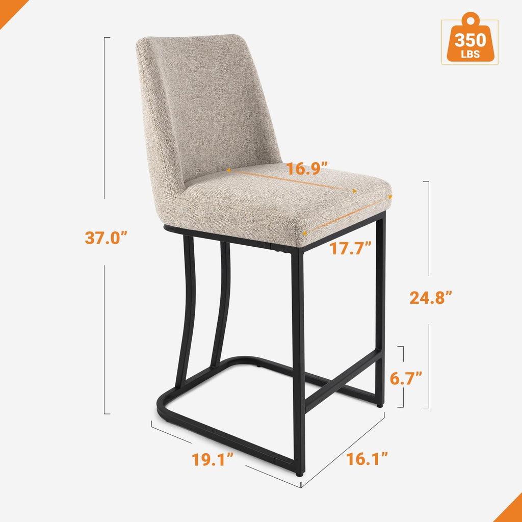 Counter Height Bar Stools Set of 2, 24 Inch Seat Height Bar Chairs for Kitchen Island, Fabric Upholstered Barstools with Metal Feet for Dining Room, Sand Color
