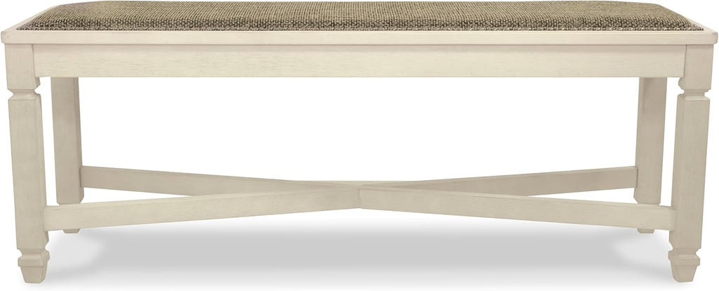 Signature Design by Ashley Bolanburg Casual French Country Upholstered Dining Room Bench with Nailhead Trim, Heavy Woven Fabric, Wood, Antique White & Tan