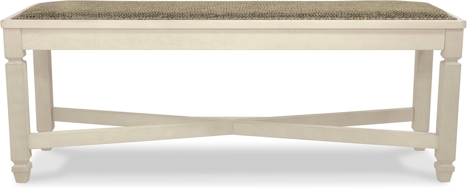 Signature Design by Ashley Bolanburg Casual French Country Upholstered Dining Room Bench with Nailhead Trim, Heavy Woven Fabric, Wood, Antique White & Tan