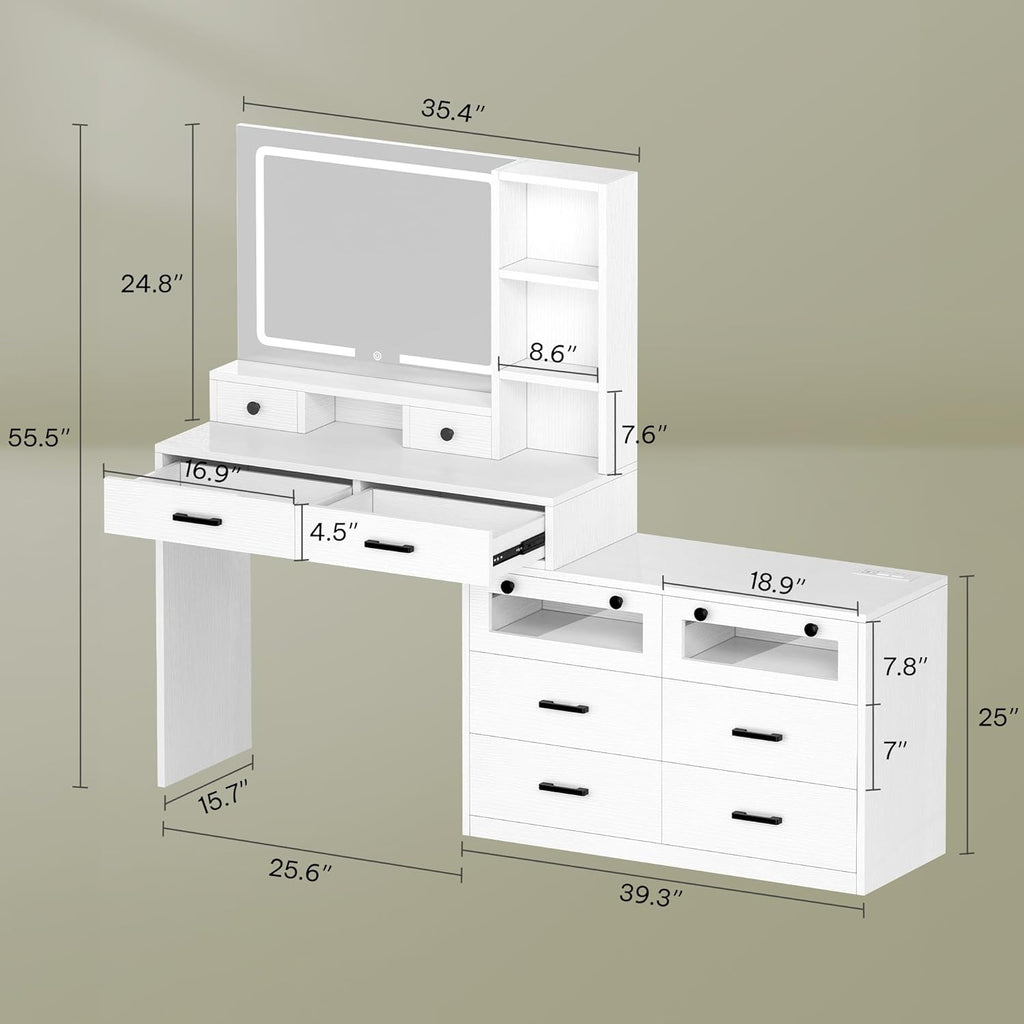 DWVO Makeup Vanity Set with Mirror & 3-Mode Lights, Vanity Desk with Storage Stool, Power Outlet, Shelves, Drawers & Hair Tool Holder, Dressing Table for Apartment Dorm Guest Room, White