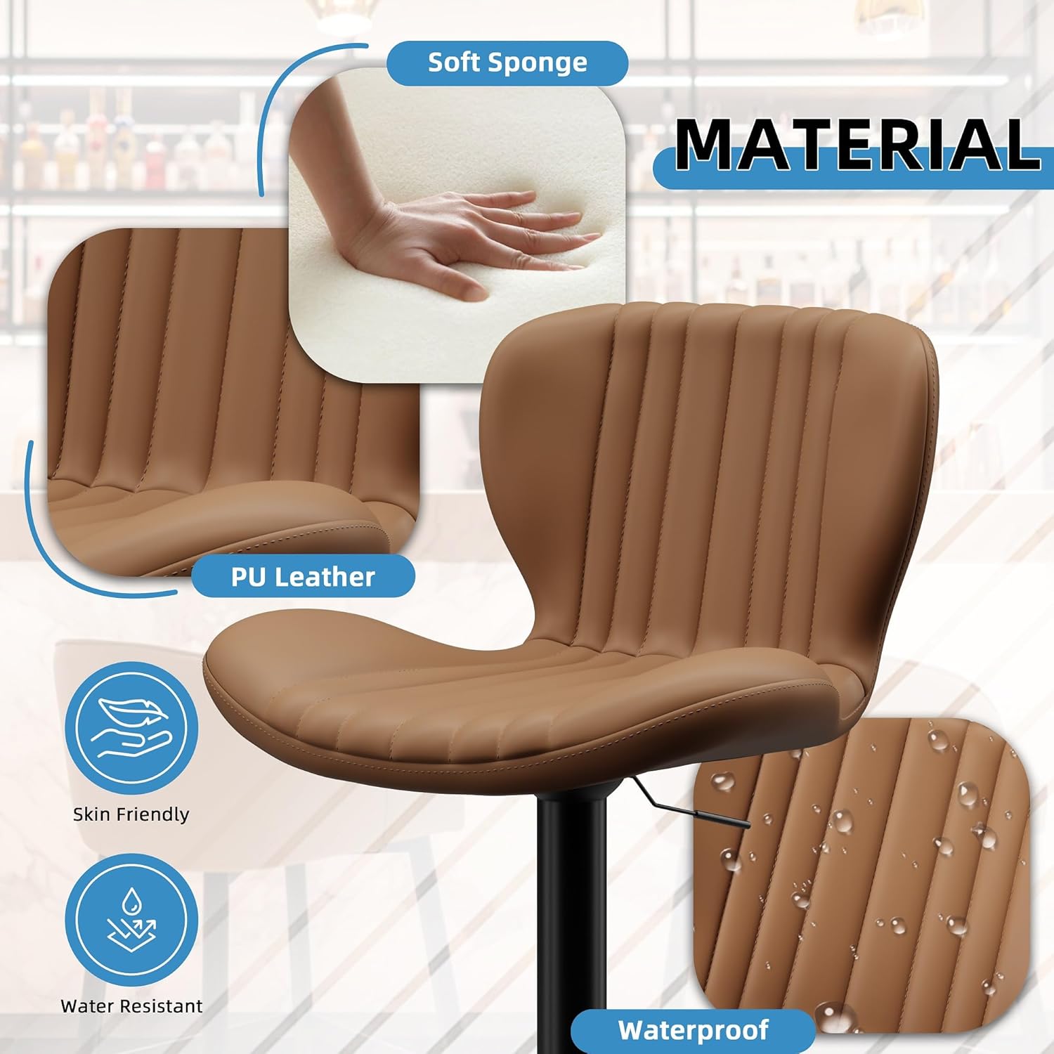 Shintenchi Bar Stools Set of 4 Modern Swivel Bar Chairs, Counter Height Faux Leather Metal Barstools, Upholstered Island Chairs with Back and Footrest, Coffee