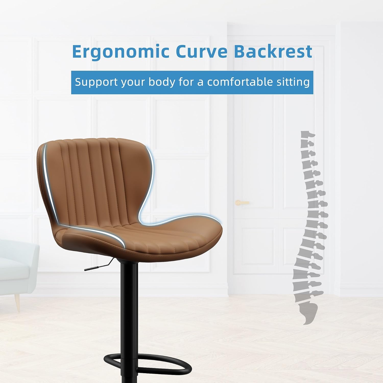 Shintenchi Bar Stools Set of 4 Modern Swivel Bar Chairs, Counter Height Faux Leather Metal Barstools, Upholstered Island Chairs with Back and Footrest, Coffee