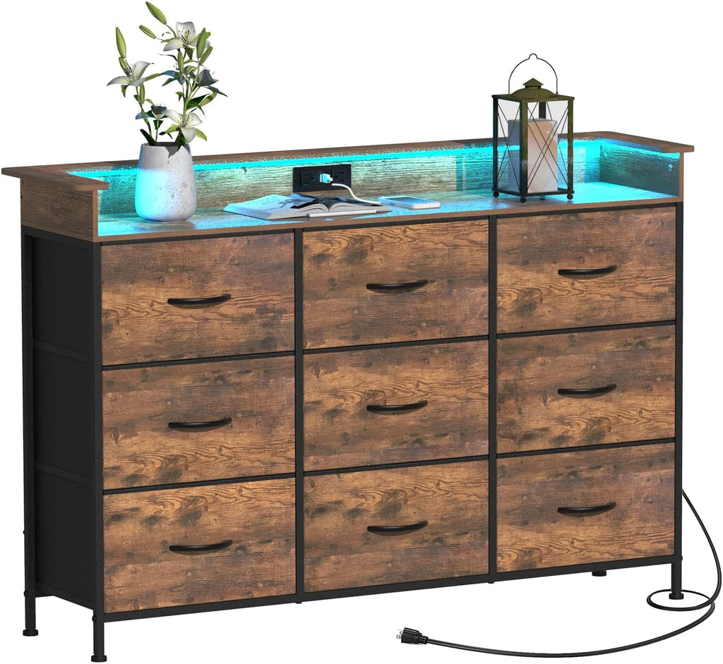 EXOTICA White Dresser with LED Light for Bedroom 9 Drawer Dressers with Charging Station Chests of Drawers for Entryway Closet Living Room Hallway Sturdy Steel Frame Wooden Top Easy Pull Handle