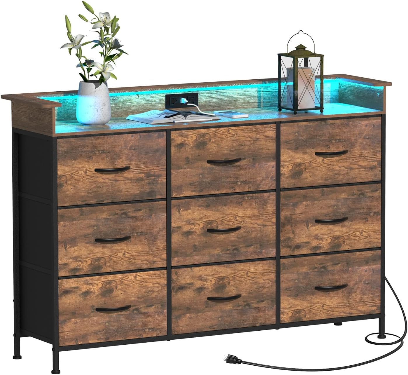 EXOTICA White Dresser with LED Light for Bedroom 9 Drawer Dressers with Charging Station Chests of Drawers for Entryway Closet Living Room Hallway Sturdy Steel Frame Wooden Top Easy Pull Handle