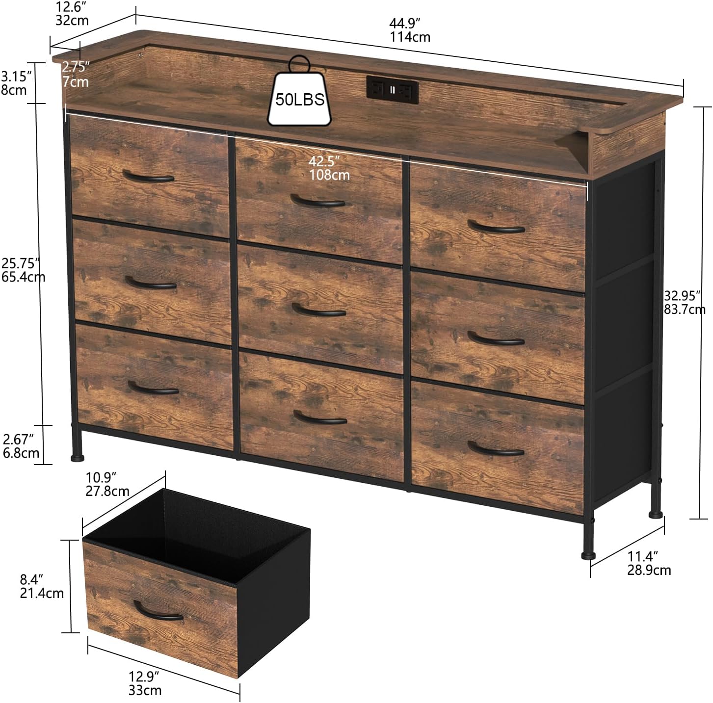 EXOTICA White Dresser with LED Light for Bedroom 9 Drawer Dressers with Charging Station Chests of Drawers for Entryway Closet Living Room Hallway Sturdy Steel Frame Wooden Top Easy Pull Handle