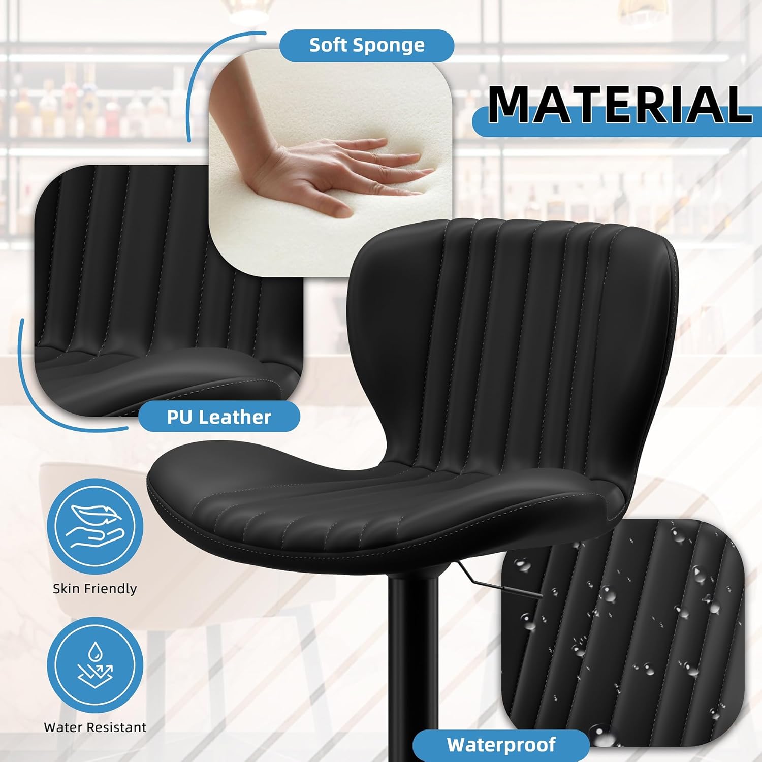 Shintenchi Bar Stools Set of 4 Modern Swivel Bar Chairs, Counter Height Faux Leather Metal Barstools, Upholstered Island Chairs with Back and Footrest, Coffee