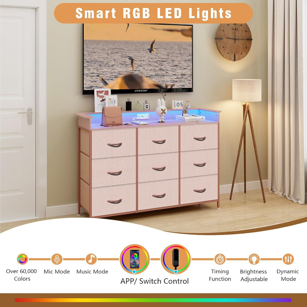 EXOTICA White Dresser with LED Light for Bedroom 9 Drawer Dressers with Charging Station Chests of Drawers for Entryway Closet Living Room Hallway Sturdy Steel Frame Wooden Top Easy Pull Handle