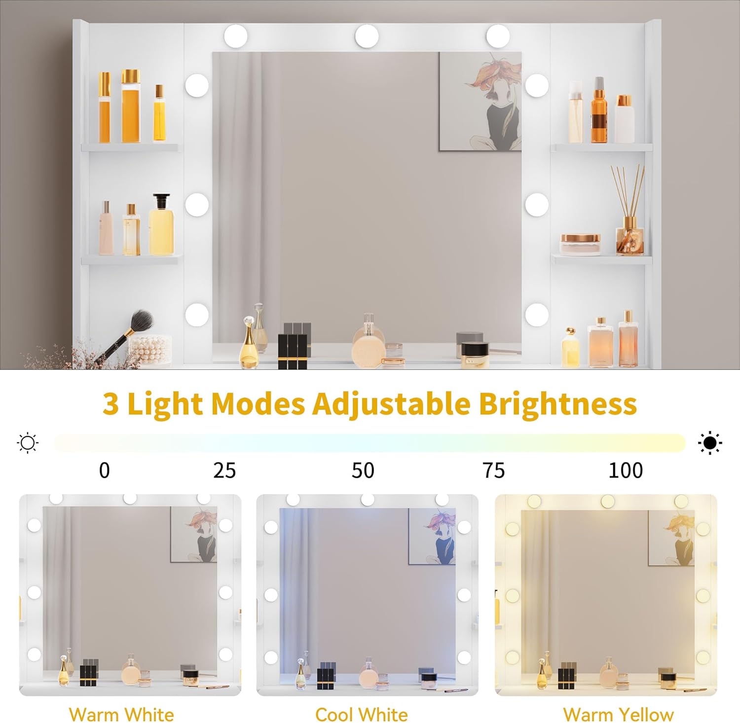 DWVO Makeup Vanity Set with Mirror & 3-Mode Lights, Vanity Desk with Storage Stool, Power Outlet, Shelves, Drawers & Hair Tool Holder, Dressing Table for Apartment Dorm Guest Room, White