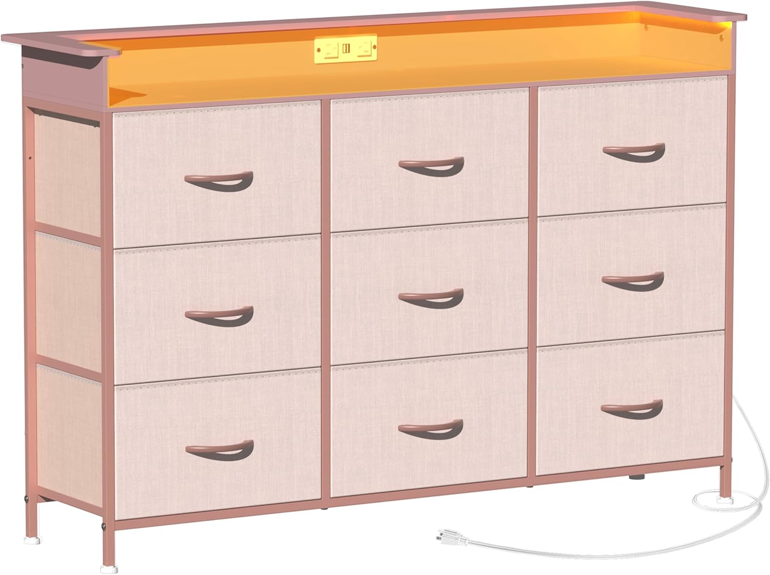 EXOTICA White Dresser with LED Light for Bedroom 9 Drawer Dressers with Charging Station Chests of Drawers for Entryway Closet Living Room Hallway Sturdy Steel Frame Wooden Top Easy Pull Handle