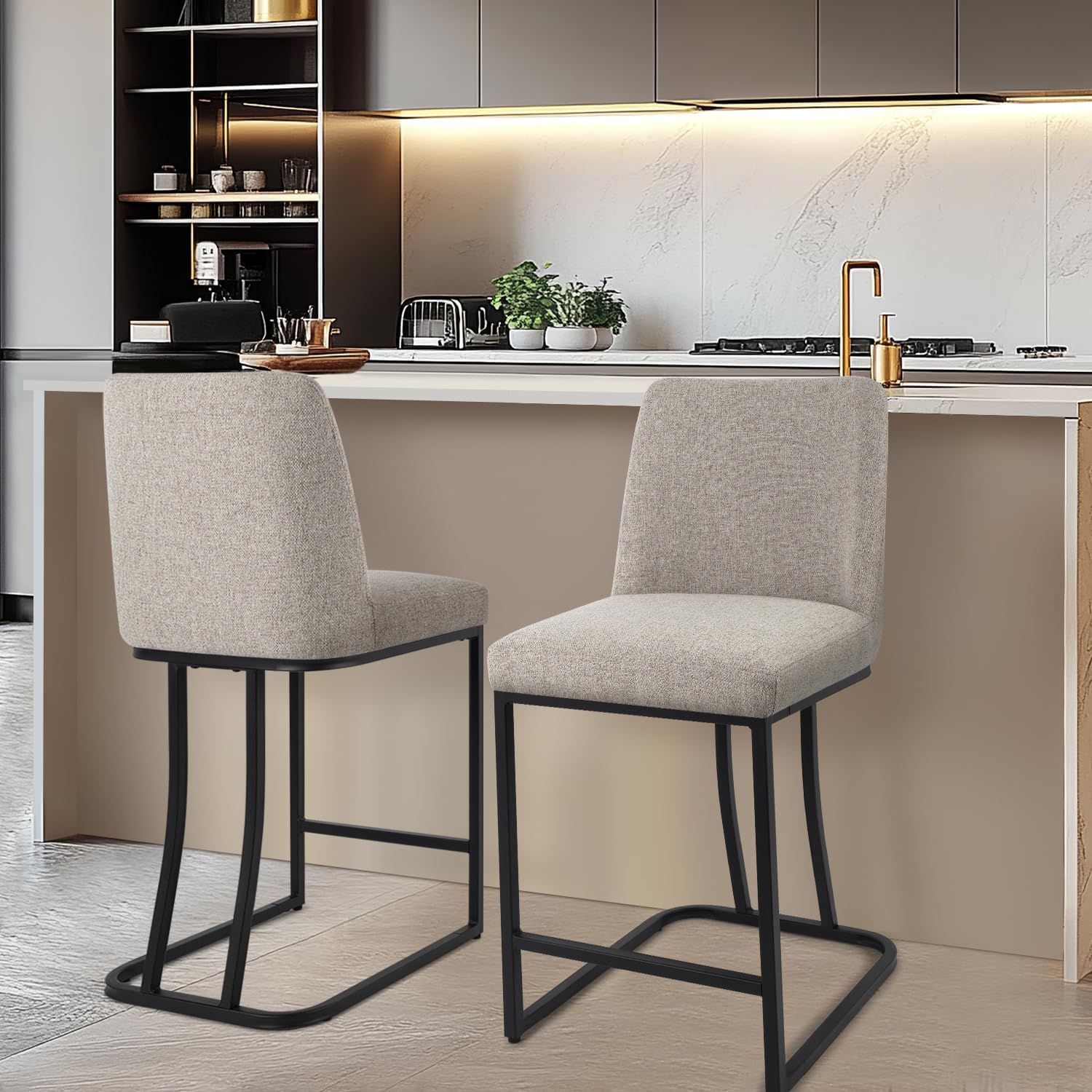 Counter Height Bar Stools Set of 2, 24 Inch Seat Height Bar Chairs for Kitchen Island, Fabric Upholstered Barstools with Metal Feet for Dining Room, Sand Color