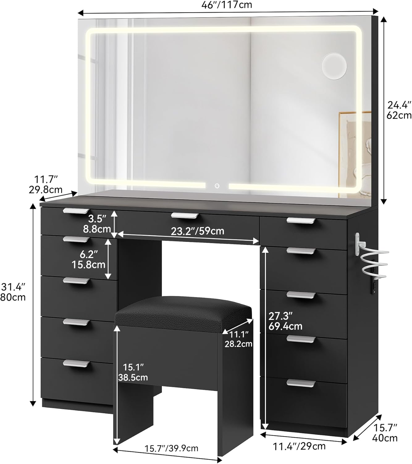 YITAHOME 46" Vanity Table with LED Lighted Mirror, Makeup Desk with 11 Drawers, Cushioned Storage Stool, Vanity Set with Power Outlet & Magnifying Mirror, White