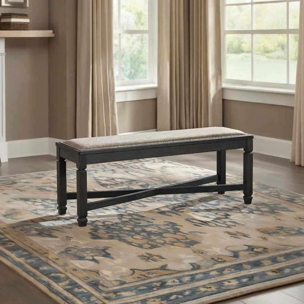 Signature Design by Ashley Bolanburg Casual French Country Upholstered Dining Room Bench with Nailhead Trim, Heavy Woven Fabric, Wood, Antique White & Tan