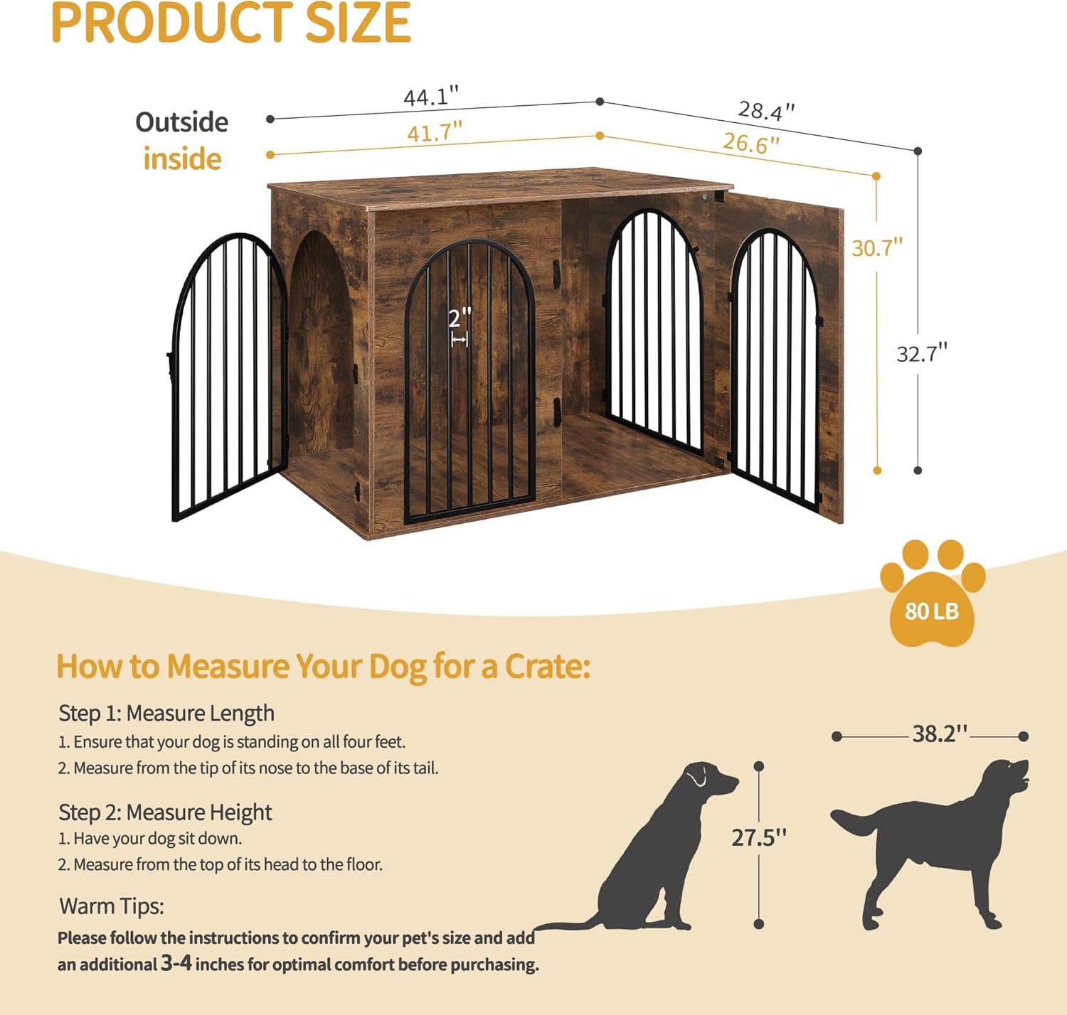 31.5'' Wooden Dog Crate Furniture, Indoor Dog Kennel Dogs Cage for Small/Medium Dogs, Heavy Duty Dog Crates Decorative Pet House End Side Table TV Stand, Rustic Brown DFC85101B