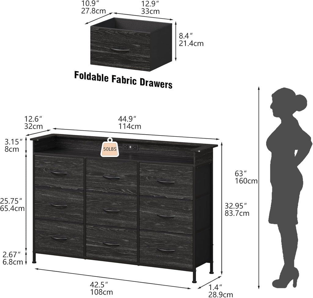 EXOTICA White Dresser with LED Light for Bedroom 9 Drawer Dressers with Charging Station Chests of Drawers for Entryway Closet Living Room Hallway Sturdy Steel Frame Wooden Top Easy Pull Handle