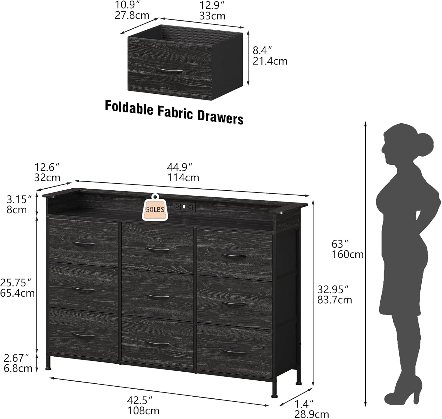 EXOTICA White Dresser with LED Light for Bedroom 9 Drawer Dressers with Charging Station Chests of Drawers for Entryway Closet Living Room Hallway Sturdy Steel Frame Wooden Top Easy Pull Handle