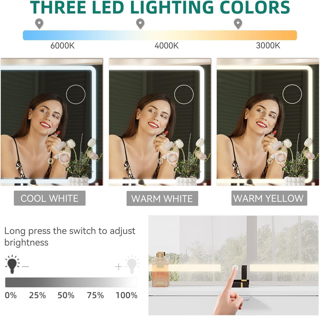 YITAHOME 46" Vanity Table with LED Lighted Mirror, Makeup Desk with 11 Drawers, Cushioned Storage Stool, Vanity Set with Power Outlet & Magnifying Mirror, White