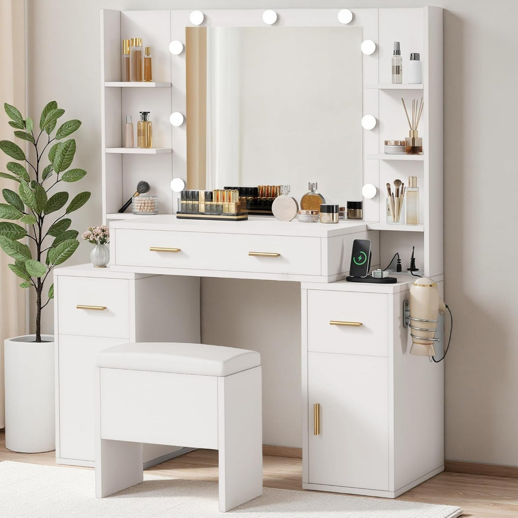 DWVO Makeup Vanity Set with Mirror & 3-Mode Lights, Vanity Desk with Storage Stool, Power Outlet, Shelves, Drawers & Hair Tool Holder, Dressing Table for Apartment Dorm Guest Room, White